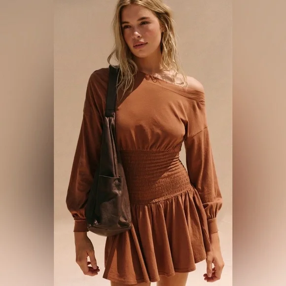 NWT FREE PEOPLE SCORCHING HOT LONG SLEEVE MINI DRESS ARGAN OIL - Picture 1 of 2